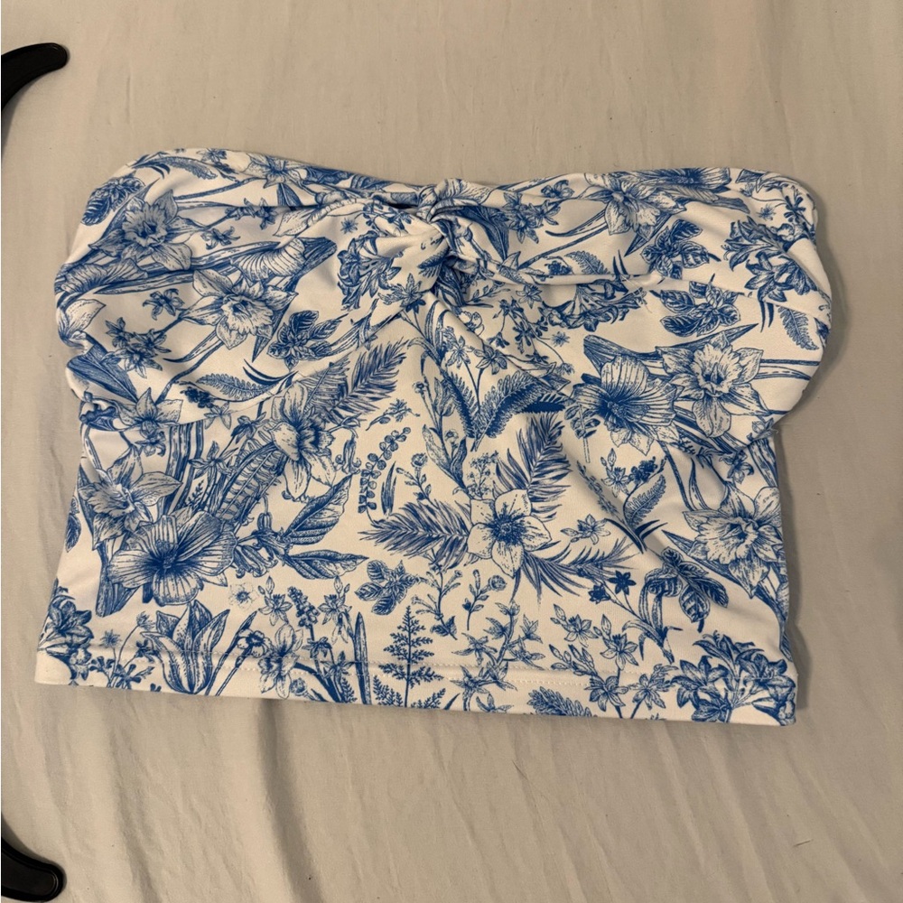 SHEIN White and Blue Smocked Tie Front Crop Top